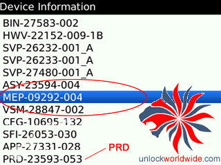 device information screen on blackberry engineering menu showing mep number